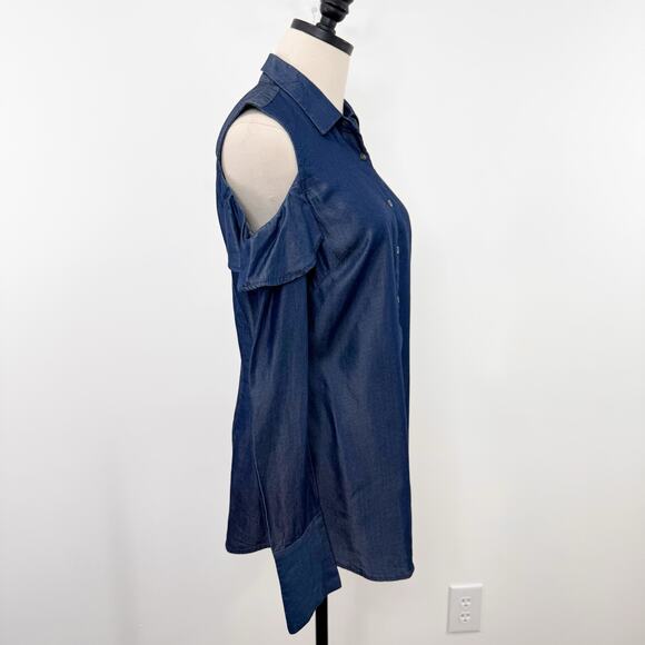 NWT Banana Republic Chambray Cold Shoulder Riley Shirt Blue Preppy Work Size 4 - Picture 4 of 11